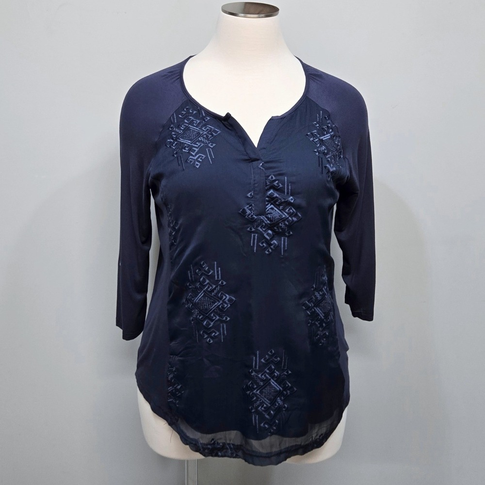 Tantrums Embroidered Western Boho Tunic Top‎ XL Navy Jersey Knit Sheer Roll Tab
